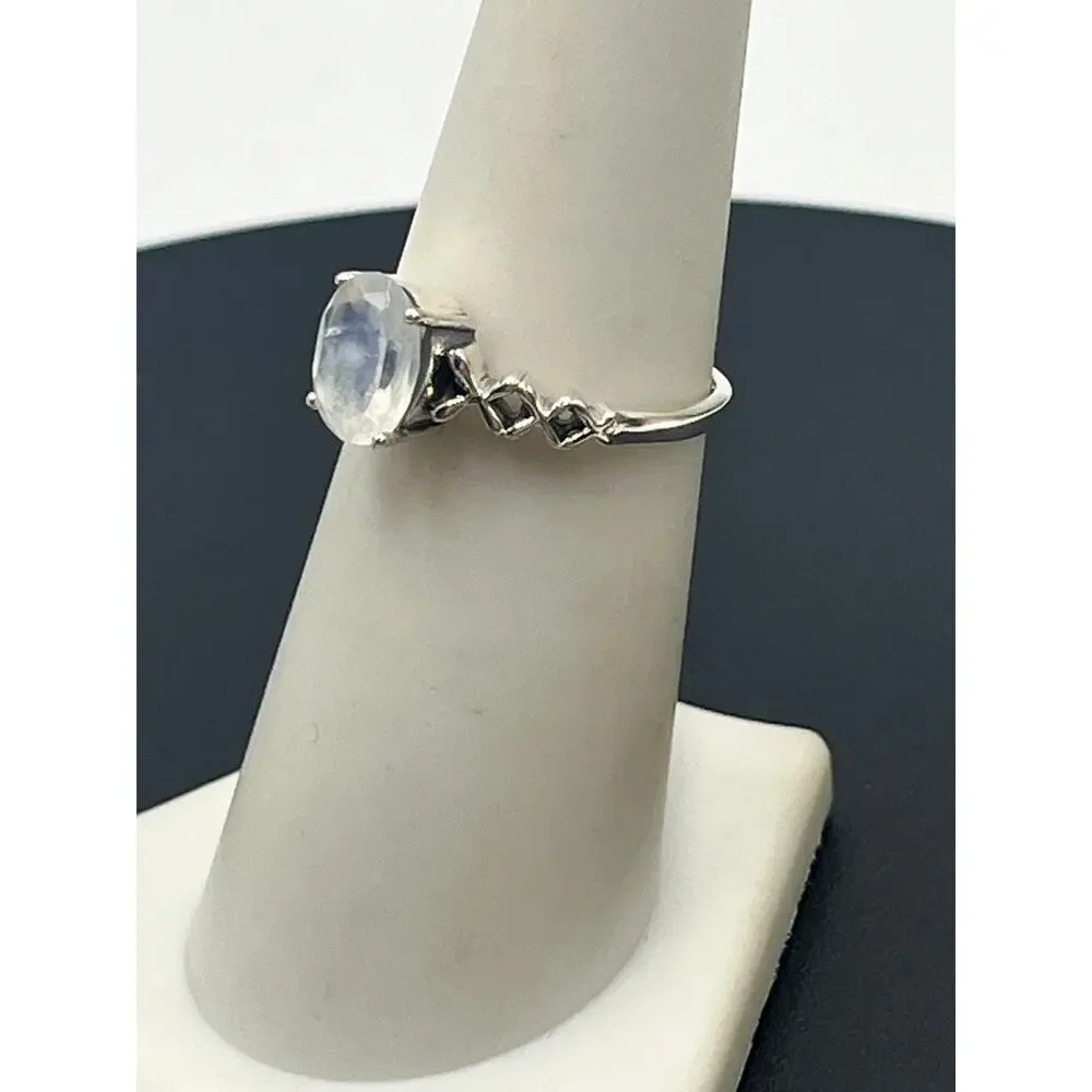 Rainbow Moonstone Oval Prong Set Side‎ Twist Detail Sterling Silver  Ring Sz 6.5
